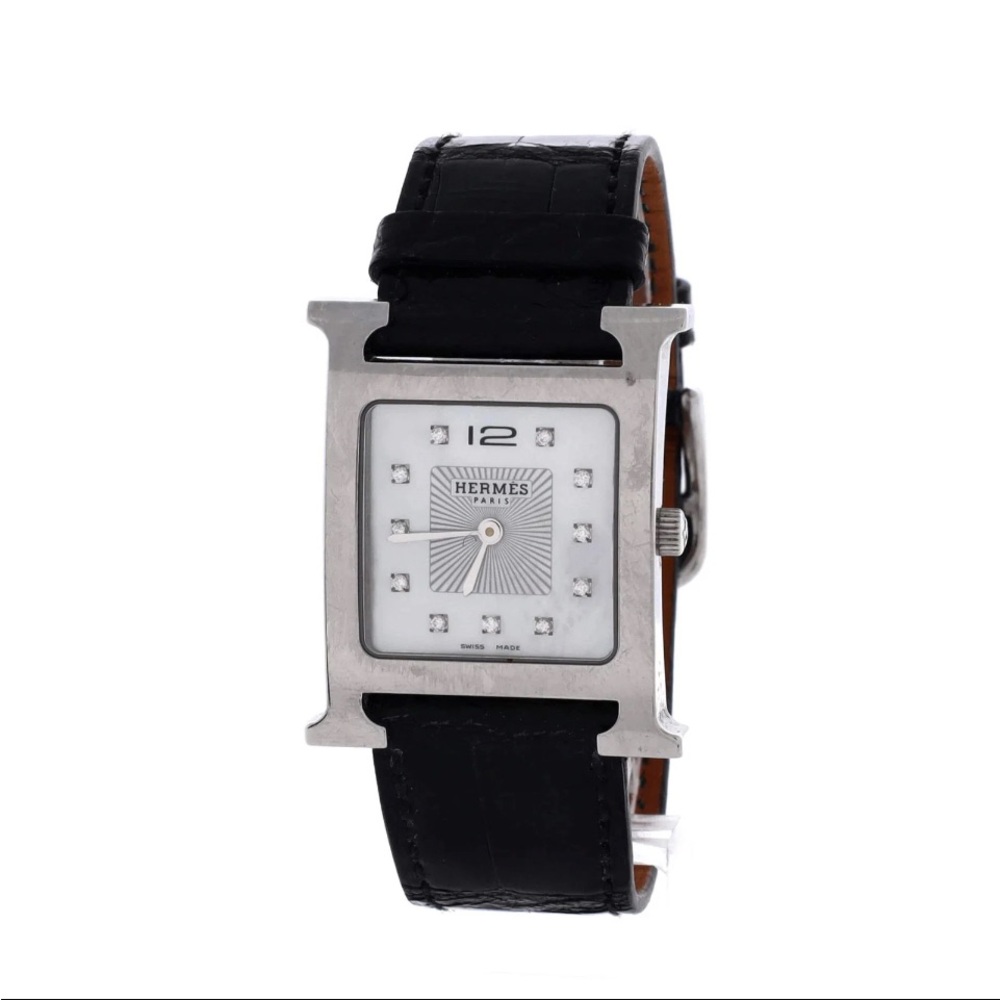 Hermès Heure H Quartz Watch Stainless Steel and Alligator with Diamond Markers